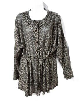Jeri Marque Vintage Beige Lace-Print Drawstring Oversized Cardigan/ Blouse EUC